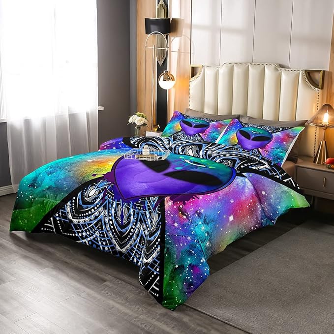 Trippy Alien Comforter Set Queen Galaxy Hippie Bedding Set for Kids Boys Teens Trippy Room Decor, Outer Space Solar System Duvet Sets Boho Psychedelic Tie Dye Down Comforter with 2 Pillow Cases