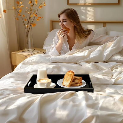 MAONAME Black Decorative Tray for Coffee Table, Serving Tray with Handles | Plastic Melamine Tray, Modern Ottoman Tray, Rectangular Countertop Organizer Tray for Living Room, 15.8"L x 10.2"W x 1.4"H