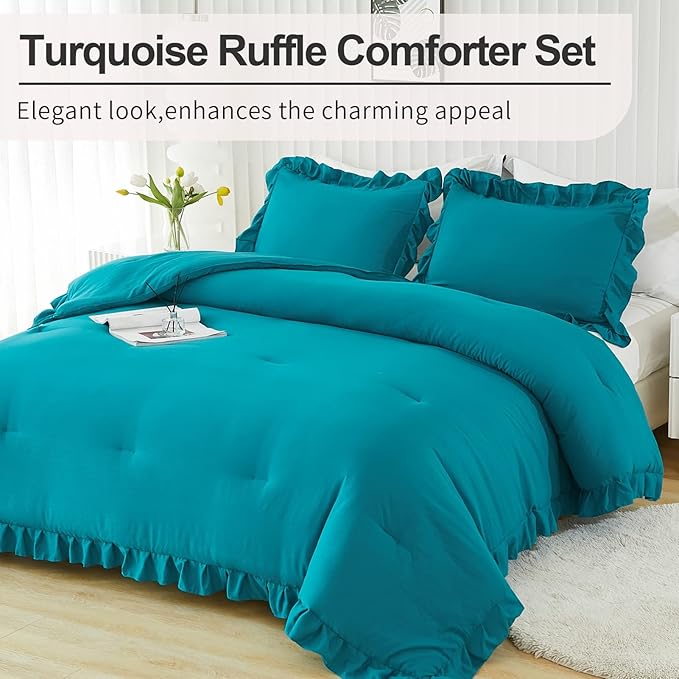 Andency California King Comforter Set Turquoise (104x96Inch), 3 Pieces Cal King Ruffle Comforter, Oversized Farmhouse Shabby Chic Bed Comforter, Lightweight and Soft Microfiber Bedding Set