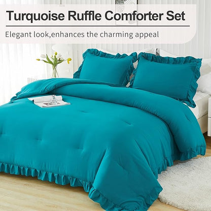 Andency California King Comforter Set Turquoise (104x96Inch), 3 Pieces Cal King Ruffle Comforter, Oversized Farmhouse Shabby Chic Bed Comforter, Lightweight and Soft Microfiber Bedding Set
