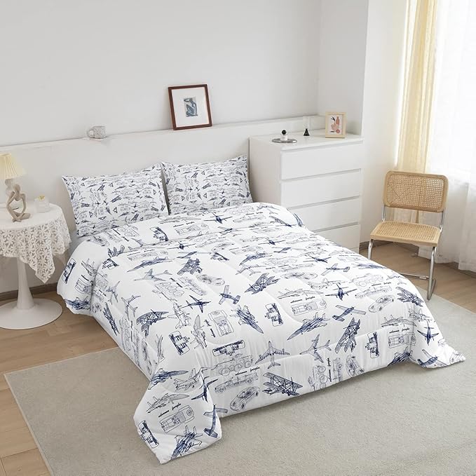 Feelyou Aircraft Bedding Set Kids Airplane Print Comforter Set Boys Girls Decor Aircraft Flying Comforter Cover Set Microfiber Sketch Style Blue White Duvet Set Bedroom Quilt Set Twin Size