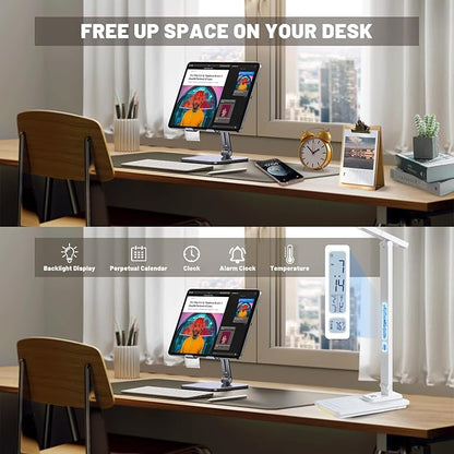 Led Desk Lamp with Wireless Charger, White Desk Lamps for Home Office with Clock, Alarm, Date, Temperature | Desk Light with Night Light, 46 Min Auto Timer | Touch Control Smart Lamp for College, Dorm