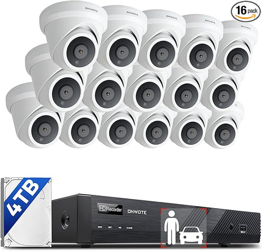 ONWOTE 16 Channel 4K PoE Security Camera System, 12MP 16CH Commercial NVR 4TB, 16x 8MP 134° Outdoor IP Cameras with Audio, AI Detect Human Vehicle, 100ft 60ft Ethernet Cables, Wired CCTV for Business