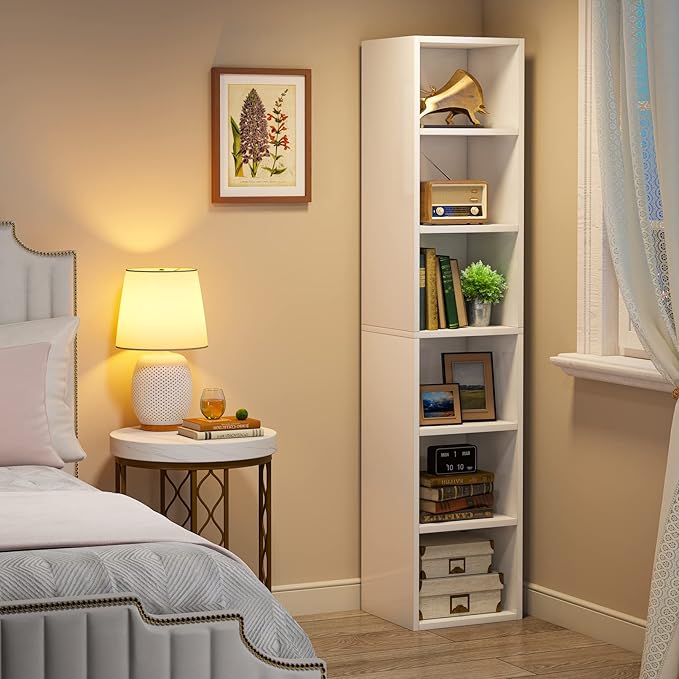 70.9 Inch Tall Narrow Bookcase, Corner Bookshelf 6 Tier Cube Display Shelf Storage Organizer for Small Space, White