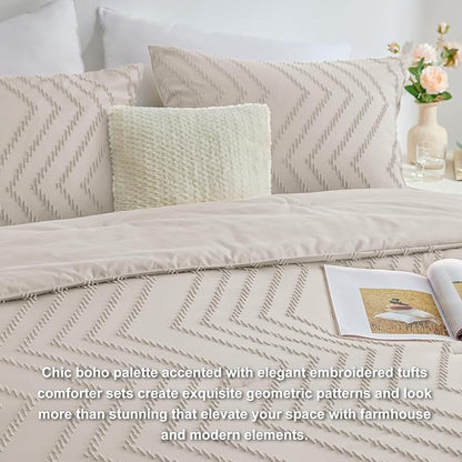 CozyLux California King Size Comforter Set Beige - 3 Pieces Cal King Boho Tufted Shabby Chic Bedding Comforter Set for All Seasons, Chevron Bedding Sets with Comforter & 2 Pillow Shams