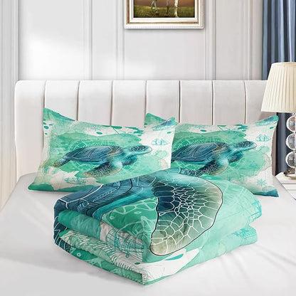 CVHOUSE Sea Turtle Bedding Set,Sea Turtle Comforter Queen,Ocean Bohemia Comforter Set for Boys Kids Girls,Ocean Quilt Set with 1 Comforter and 2 Pillow Cases