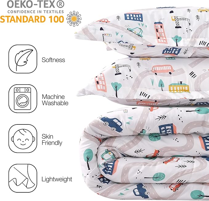 JSD Car Kids Printed Comforter Set for Boys Girls, 2 Pieces Twin Microfiber Comforter with Pillow Sham, Soft Comfortable Machine Washable