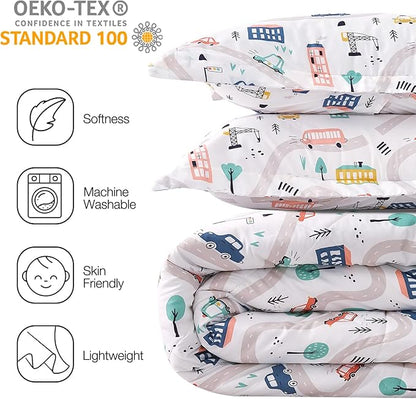 JSD Car Kids Printed Comforter Set for Boys Girls, 2 Pieces Twin Microfiber Comforter with Pillow Sham, Soft Comfortable Machine Washable