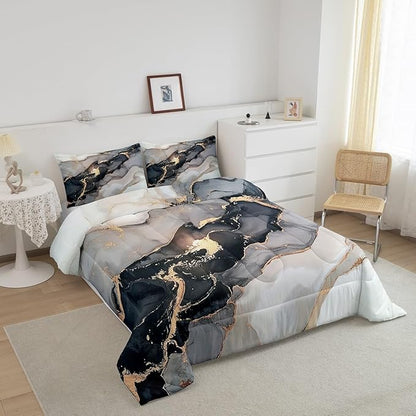 Erosebridal Black Marble Bedding Set Twin,Black and Grey Marble Comforter Set Men Teens Boys Modern Gray Orange Abstract Art Tie Dye Down Comforter Kids Gothic White Gold Marble Duvet Insert Soft
