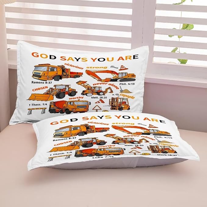 Kids Construction Vehicles Truck Comforter for Boys Twin,Cartoon Car Excavator Tractor Bedding Set,Construction Christian Spirational Quotes Comforter with 2 Pillowcases White