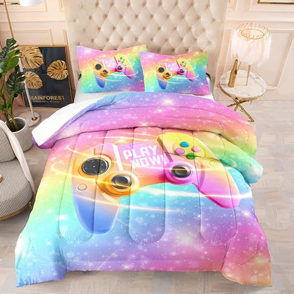 Kids Gamer Comforter Set Girls Pink Purple Gamepad Print Quilt Bedding Set for Boys Girls King Size Quilt and Pillowcases All Season
