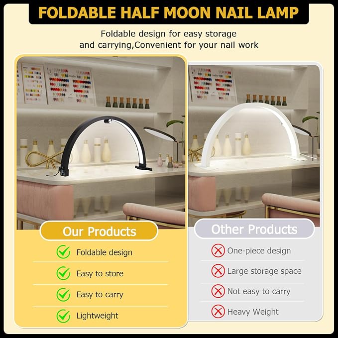 Small Nail lamp for Desk, Half Moon Light for Nail Desk with Touch Control, Portable Half Moon Nail lamp with Phone Holder (Black)