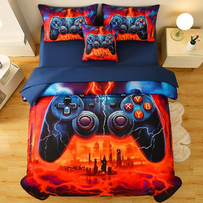 Game Console Full Comforter Set with Sheets, Microfiber 6 Pcs Bed in A Bag Full Size Gamer Bedding Set for Boys Kids Teens