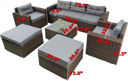 6-Piece Outdoor Rattan Patio Furniture Set, Wicker Sectional Sofa with Removeable Cushions and Tempered Glass Table Top, Conversation Couch for Garden Yark Lawn Backyard, Onesize, Brown