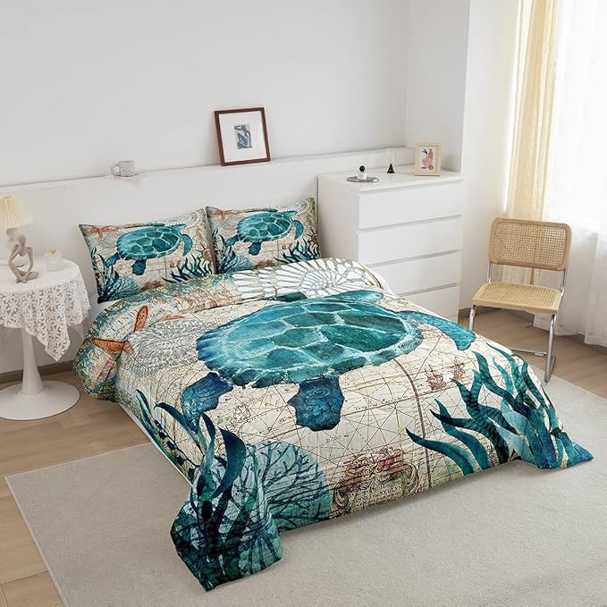 Turtle Bedding Teal Turtle Comforter Set Turquoise Ocean Themed Mediterranean Style Printed Design Ocean Turtle Down Comforter Quilted Duvet Set King Size 1 Comforter 2 Pillowcases (King, Turtle)