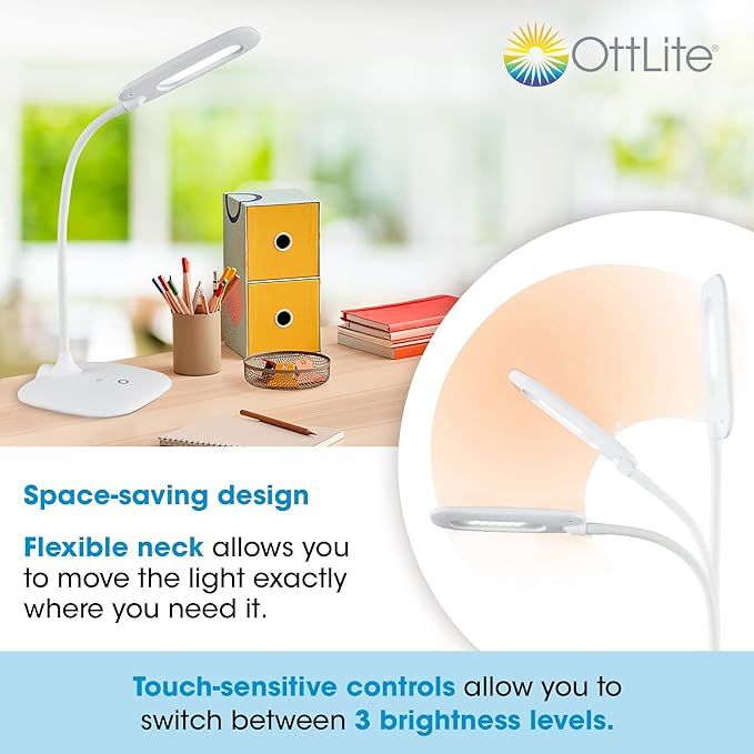 OttLite LED Soft Touch Desk Lamp - 3 Brightness Settings with Energy Efficient Natural Daylight LEDs - Adjustable Flexible Neck & Touch Controls for Tabletops, Home Office, Computer Desk, & Dorms