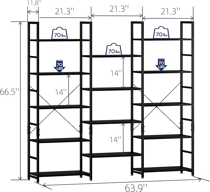 NUMENN Triple Wide 5 Tier Bookshelf, Rustic Industrial Style Bookcases and Bookshelves with 14 Open Display Shelves, Modern Tall Bookcase Furniture for Bedroom, Living Room and Home Office, Black