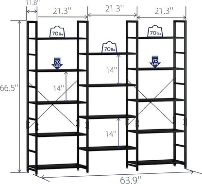 NUMENN Triple Wide 5 Tier Bookshelf, Rustic Industrial Style Bookcases and Bookshelves with 14 Open Display Shelves, Modern Tall Bookcase Furniture for Bedroom, Living Room and Home Office, Black