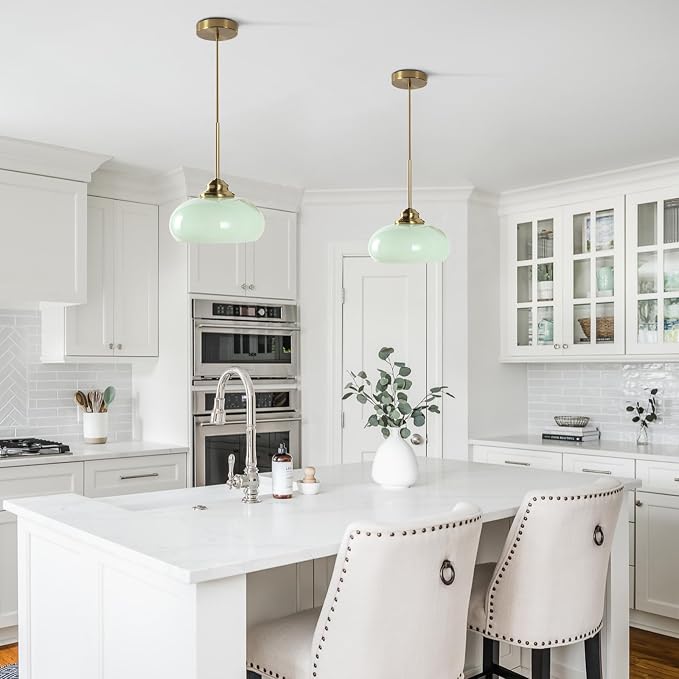 KCO Lighting Nordic Green Glass Pendant Light Dining Room Hanging Light Fixture Gold Brass Mid Century Modern Kitchen Island Lights
