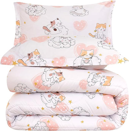 Cat Kids Comforter Set for Girls Twin, Cute Quilted Pink Heart Printed Bedding Set with Pillow Sham, Lightweight Soft Breathable Machine Washable Bed Set 2 Piece