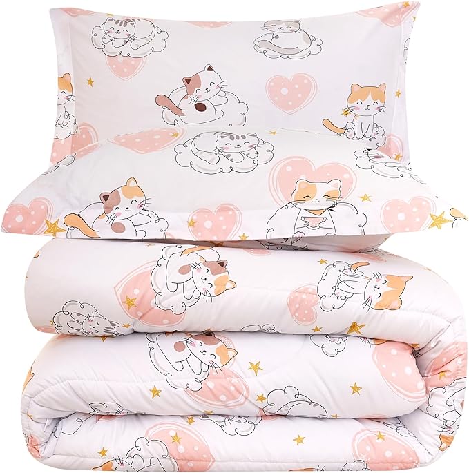 Cat Kids Comforter Set for Girls Full Size, Cute Quilted Pink Heart Printed Bedding Set with Pillow Sham, Lightweight Soft Breathable Machine Washable Bed Set 3 Piece