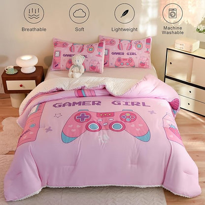 Video Game Full Size Comforter Set for Girls Kids Teens 3D Gaming Controller Pattern Gamepad Print Bedding Set- 3 Piece Pink Quilt with 2 Pillowcases (80"x90")