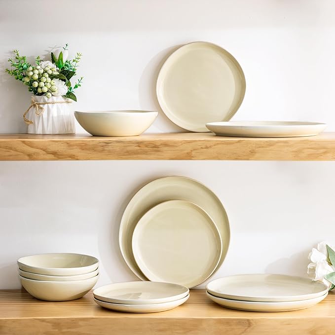 AmorArc Ceramic Dinnerware Sets,Handmade Reactive Glaze Plates and Bowls Sets,Highly Chip and Crack Resistant | Dishwasher & Microwave Safe Dishes Set, Service for 4 (12pc)