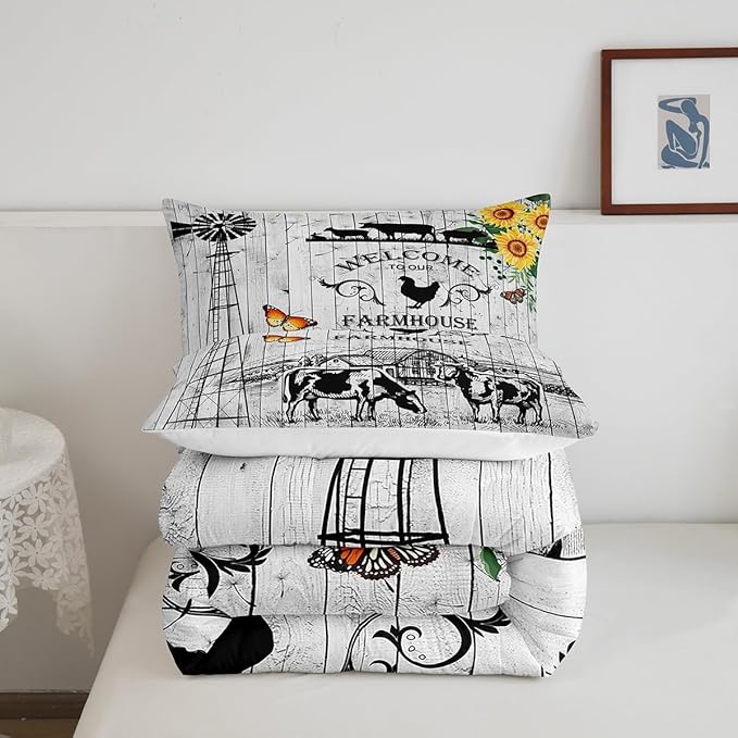 Farmhouse Windmill Comforter Set Full Size Rustic Farm Barn Door Bedding Comforter Sets for Cowboy Cowgirl, Vintage Western Cow Gifts Bedding Room Decor Butterfly Sunflowers Wooden Plank Duvet Insert