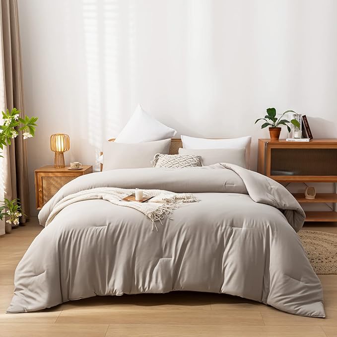 Twin Size Comforter Sets Solid Color 2PCS Boho Beige Bed Comforter Set Tannish Grey Soft Lightweight Microfiber Kids Bedding Set for All Season (1 Comforter, 1 Pillowcase)