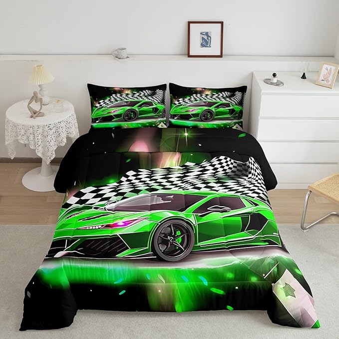Feelyou Race Car Bedding Set Full Size,Boys Extreme Sports Comforter Set for Kids Boys Car Racing Gifts,Green Cool Car Comforter Car Sports Quilt Set 1 Comforter with 2 Pillowcase Car Racing Gifts