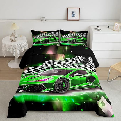 Feelyou Race Car Bedding Set Full Size,Boys Extreme Sports Comforter Set for Kids Boys Car Racing Gifts,Green Cool Car Comforter Car Sports Quilt Set 1 Comforter with 2 Pillowcase Car Racing Gifts