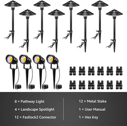 SUNVIE LED Low Voltage Landscape Lighting 12V Landscape Lighting Kit with Connectors, Low Voltage Pathway Lights with Spotlights Aluminum Pathway Lights Wired Waterproof for Patio Yard Garden, 12 Pack