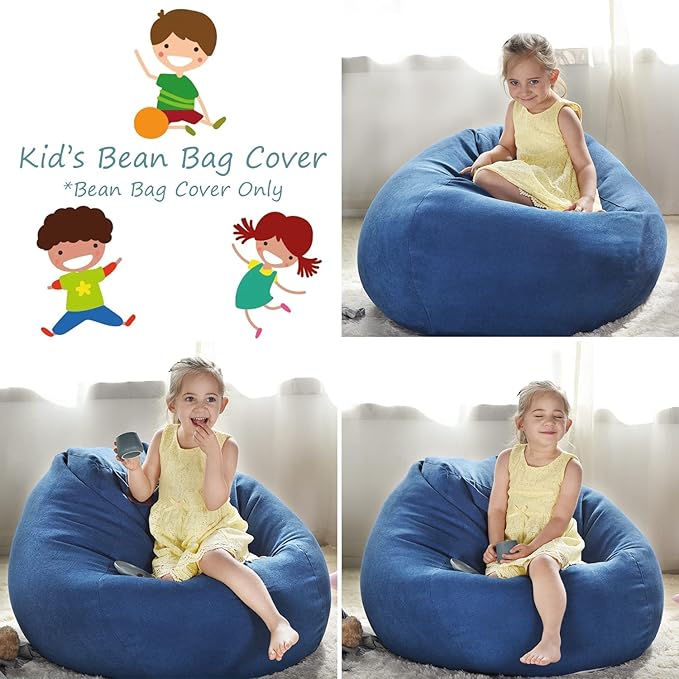 YuppieLife Stuffed Animals Bean Bag Chair Cover Candy-Colored Bean Bag(Just Cover, No Filling)/Large Stuff 'n Sit Organization/Toy Storage Bag/Kids Toys Organizer（27'',Navy blue