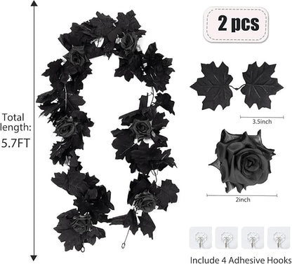 RECUTMS Black Artificial Flower Garland Fake Rose Vine Hanging Rose Vines Fall Maple Garland with Floral,Black Hanging Flowers for Gothic Wedding Decor Autumn Party Halloween Decor