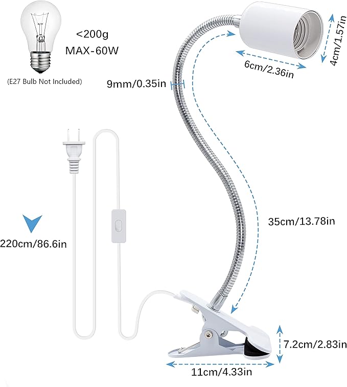 Clip Lamp Holder Adjustable Light Bulb Stand Clamp Lights Flexible Clamp Lamp E26/E27 Neck Clip Lighting Fixture Desk Lamp Holder with On/Off Switch Study Reading Lamp (No Bulb)