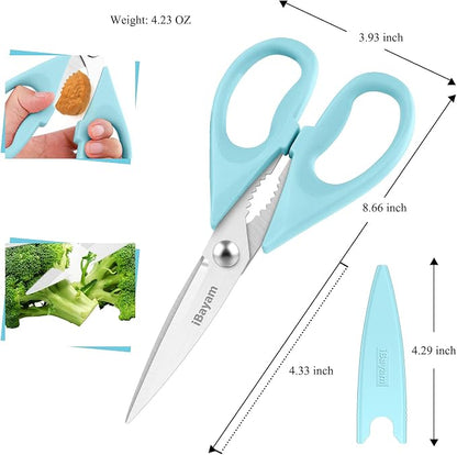 iBayam 8.7" Heavy Duty Kitchen Scissors All Purpose 2-Pack –Pistachio/Blue | Sharp stainless steel blades, cut meat, chicken & vegetables. Ergonomic comfort grip, dishwasher safe, includes blade covers