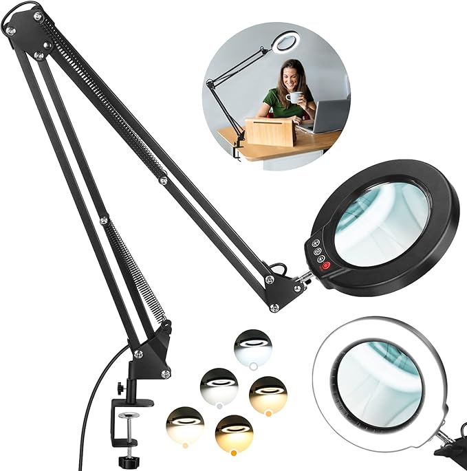 8X Large Magnifying Glass with Light and Stand, KRSTLV 2 x 16 Inch Swivel Arm LED Desk Lamp with Clamp, 5 Color Modes Stepless Dimmable Lighted Magnifier Hands Free for Close Work, Craft, Hobby, Black