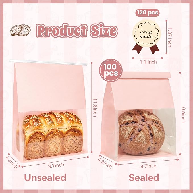 100 Bread Bags with Tabs for Homemade Sourdough Bread, 8.7x4.3x11 Inches Pink Bakery Storage Bags with Window/Ties, Large Bakery Loaf Bag for Baked Goods Packaging
