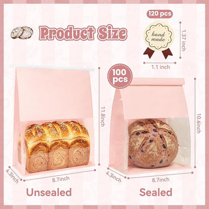 100 Bread Bags with Tabs for Homemade Sourdough Bread, 8.7x4.3x11 Inches Pink Bakery Storage Bags with Window/Ties, Large Bakery Loaf Bag for Baked Goods Packaging