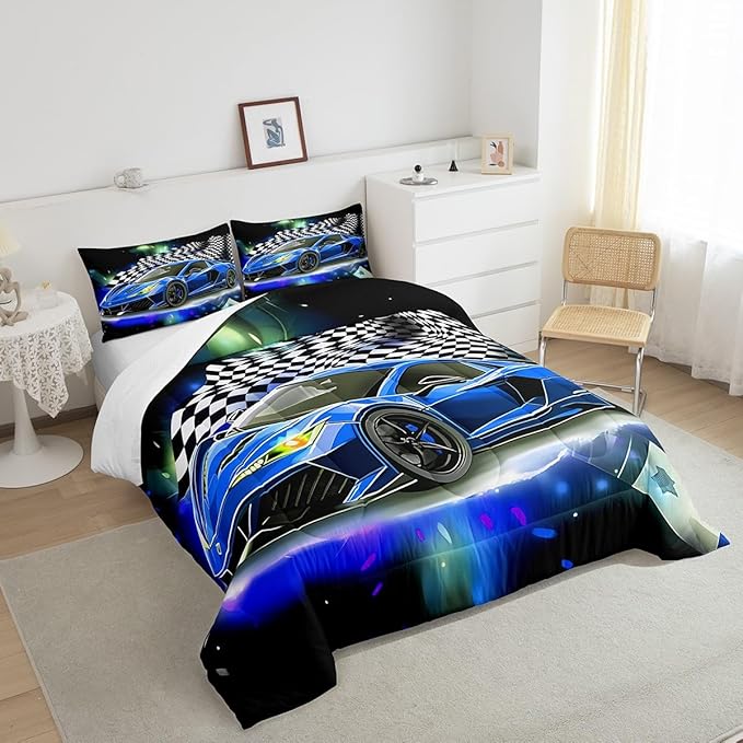 Blue Racing Car Comforter Set Full Size, Fast and Furious Extreme Sport Games Bedding Sets for Kids Boys Teens,Sports Car Bed in A Bag,Cool Modern Duvet Insert with 2 Pillowcases