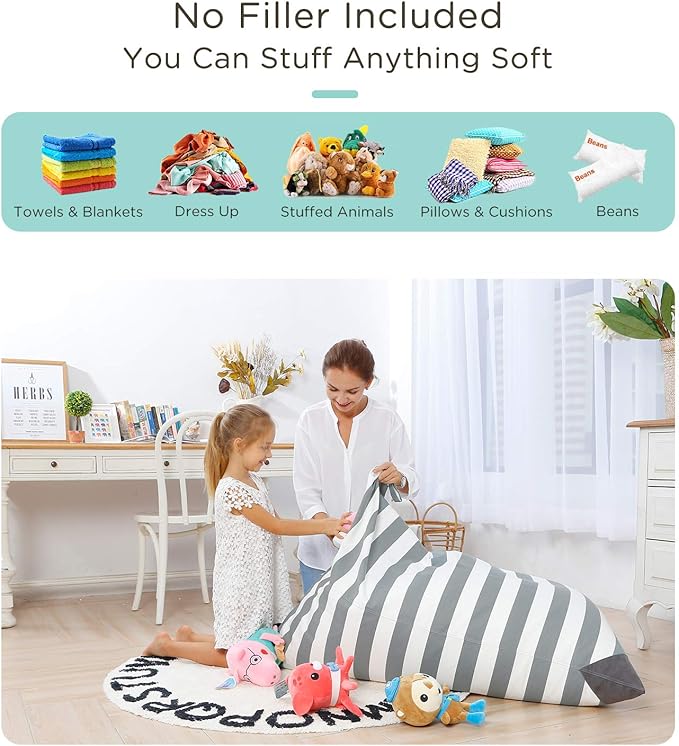 Aubliss Stuffed Animal Storage Bean Bag Chairs Cover, 50"x 35" Extra Large Bean Bags Chair for Kids Adults, Beanbag Toy Storage for Boys Girls - Premium Cotton Canvas Grey Stripe