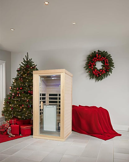 1 Person Infrared Sauna Indoor Sauna Room for Home, 8pcs Infrared Carbon Heating Panels, Hemlock Personal Saunas with Clothing Hanging Rod, LCD Display, Blue-Tooth, LED Reading Lamp