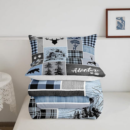 Manfei Deer Antler Comforter Set King Size,Bear Paws Rustic Farmhouse Xmas Bedding Set for Kids Boys Girls Adults Room Decor,Plaids Patchwork Adventure Down Comforter,Blue Duvet Insert,2 Pillowcases