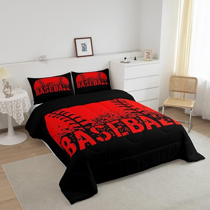 Baseball Comforter Set Twin Size Kids Red Black Sports Quilt Bedding Set For Boys Girls,Reversible Black Bedding Comforter Sets Soft Lightweight For All Season,1 Comforter And 1 Pillow Case