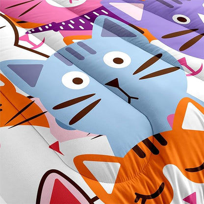 Cat Comforter Set Queen Size - 3Pcs Colorful Cat Bedding Set for Boys Girls Teens Cute Animals Themed Bedding Set Warm Ultra Soft Cartoon Cat Quilt Cover with 2 Pillowcases for Kids Room Decor