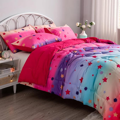 Twin/Twin XL Comforter Set for Girls Rainbow Bedding Set 2 Pieces with Multicolor Stars Pink Comforter Set Twin Size with Pillowcase for Kids, Teenagers
