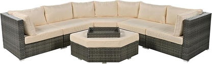 6 Piece Outdoor Patio Furniture Set Conversation Sofa, All Weather Wicker L shaped Sectional Couch with Ottoman, Small Trays and Removable Cushions, for Garden Backyard, Beige