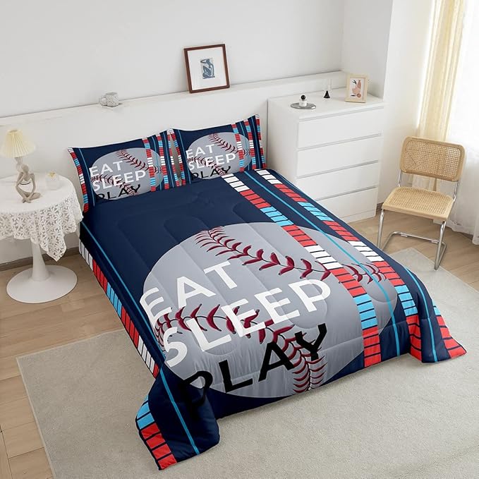 Feelyou Baseball Comforter Set Sports Game Bedding Set for Boys Girls Children Baseball Gaming Blue Stripe Comforter Gift for Baseball Softball Lover Room Decor Twin Size Quilt Set