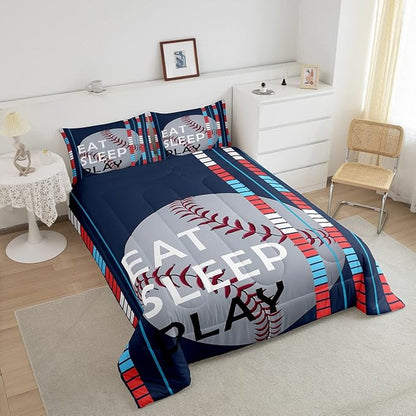 Feelyou Baseball Comforter Set Sports Game Bedding Set for Boys Girls Baseball Gaming Blue Stripe Comforter Gift for Baseball Softball Lover Room Decor King Size Quilt Boys