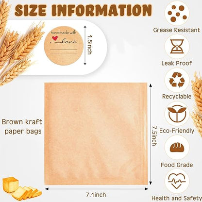Outus 30 Pcs Cookie Packaging Bags with Seal, 7.1 x 7.5 Inch Bakery Pastry Bags with Window, Heat Sealable Grease Resistant Paper to Go Bake Sleeves for Gift Giving Donut Bread Sandwich (Brown)